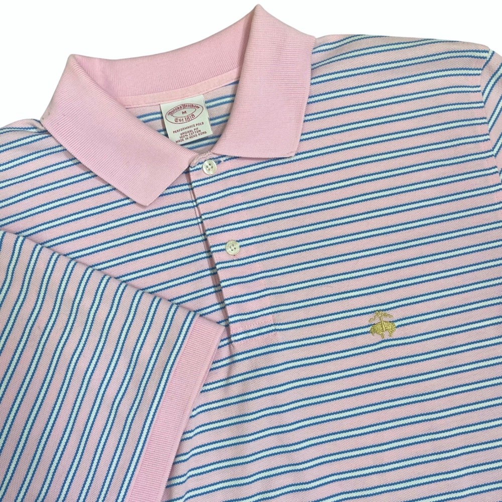 Brooks‎ Brothers Performance Polo Mens M Pink Striped Short Sleeve Cotton Pique